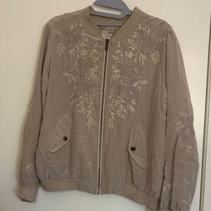 Johnny Was Workshop Sm Embroidered Taupe Bomber Jacket Women's Lightweight Coat